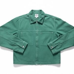 Zara Jacket Womens Green Denim Chore Pockets Overshirt Button Up Shacket Large